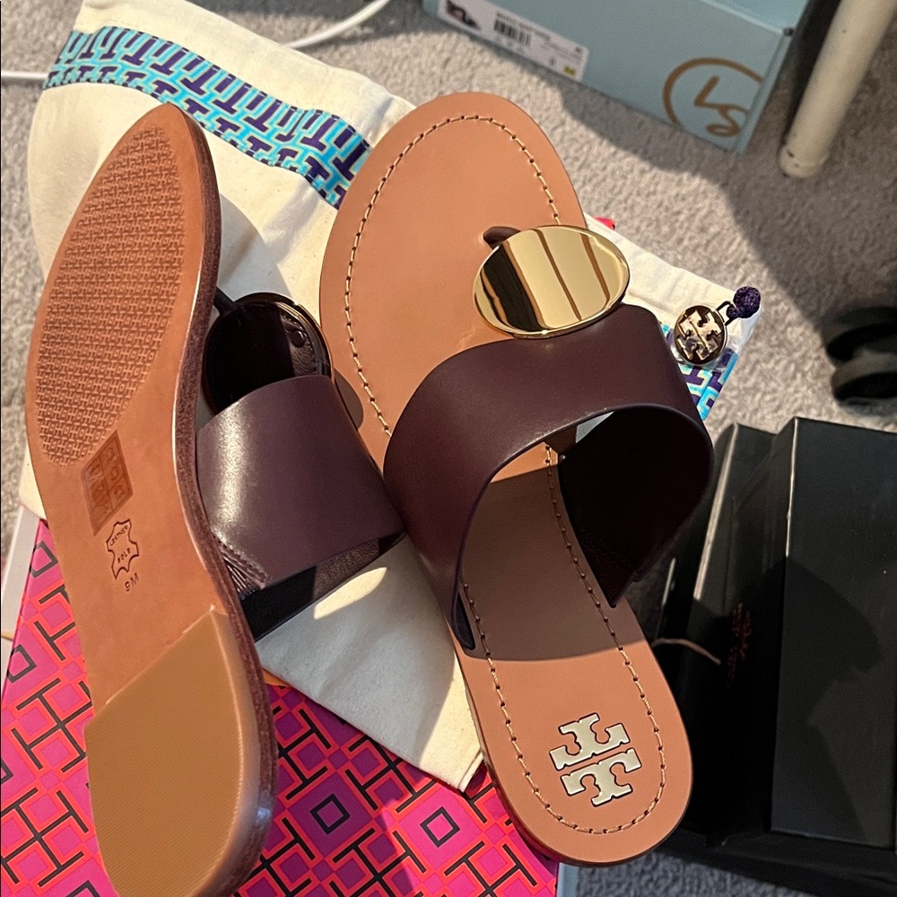 Tory Burch Dark Brown and Gold Slide Sandals